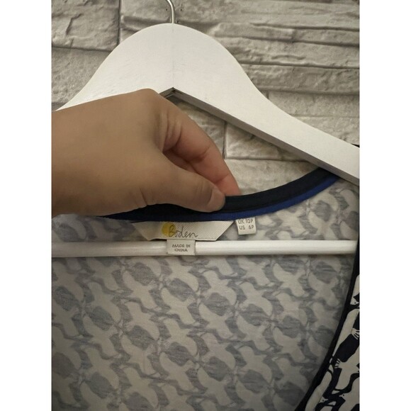 Boden Jersey Stretch Knee Length Dress Cap Sleeve Size 6P Navy Blue Bird Print - Picture 3 of 9